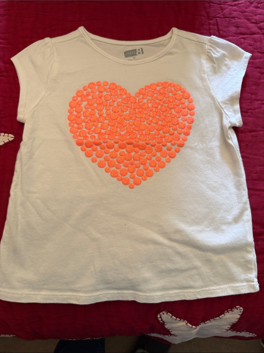 Crazy 8 White Tee with Neon Orange Heart Dots